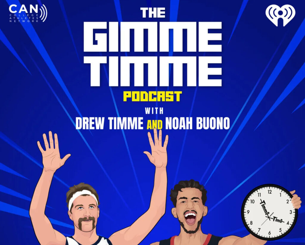 Blue podcast cover with two illustrated hosts